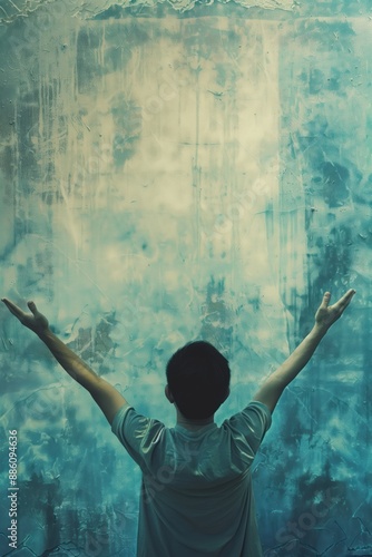 Asian man stands in room with blue wall, arms raised in joy celebration. Wears gray t-shirt, dark hair contrasts with surroundings. Digital art style with grunge old canvas background.