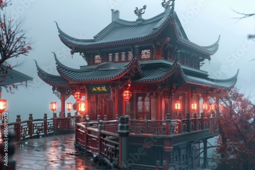 Mystical and serene scene of a traditional chinese pagoda building standing on water in a misty forest