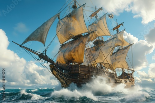 A pirate ship sailing on the ocean with sails billowing in the wind. It is set against the background of a blue sky and turquoise sea waves. A vintage ship concept.