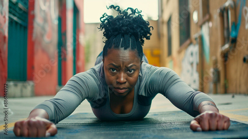 Portrait of a young african american woman doing push-ups in the city