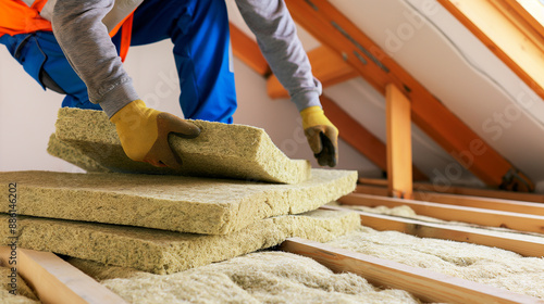 House attic insulation - construction worker installing rock wool in mansard