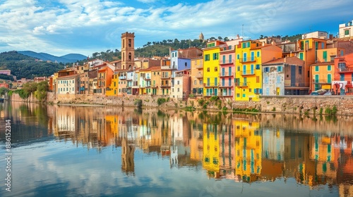 Scenic view of the old town of Bosa, with colorful houses reflecting in the Temo River