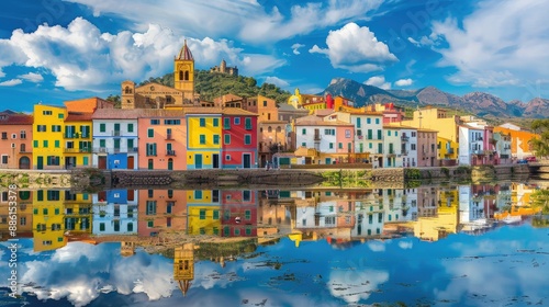 Vibrant houses of Bosa town reflected in the Temo River, picturesque view