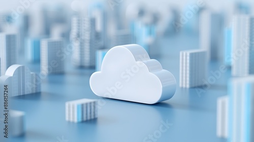 3D cloud symbol amidst blurred skyscrapers, representing cloud computing and digital technology in modern urban landscapes.