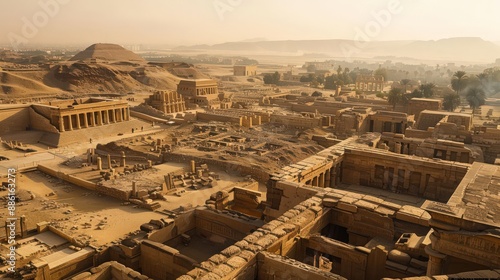 Depict the ancient ruins of Memphis and Saqqara near Cairo, visible from above with their archaeological treasures and desert landscapes