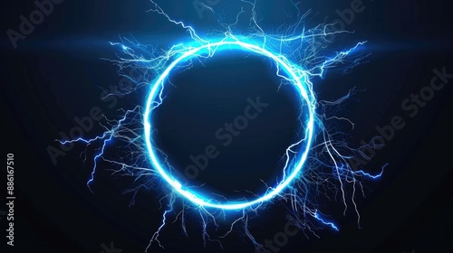 A glowing electric blue ring with lightning bolts emanating from it against a dark background. The vibrant blue light creates a striking contrast, giving a futuristic and dynamic energy effect.