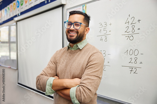 Happy satisfied math teacher in elementary class