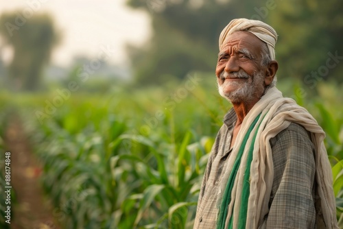 Happy Senior Indian Farmer Smiling Amidst Greenery in Field