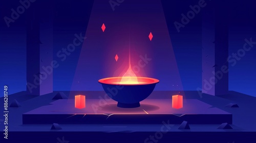 A dark and enigmatic sorcery chamber with a glowing cauldron, mysterious spellbooks, and eerie magical symbols floating in the air, flat design illustration