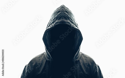 A lone figure, wearing a hooded jacket, stands against a bright white background. The figure's face is obscured by the hood, creating a mysterious and shadowy image