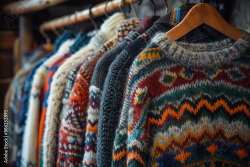 Row of colorful knitted wool sweaters are hanging on a clothing rail in a store