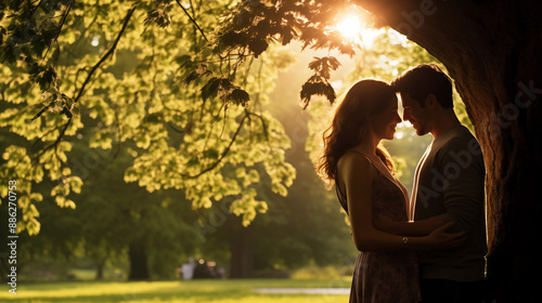 couple embracing under a tree in a sunlit park, their smiles reflecting pure joy and love