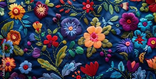 The floral abstract fantasy design is embroidered on a luxury fabric art background in latin style.