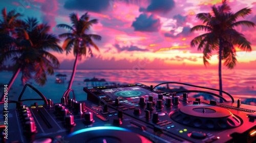 A DJ mixer sits on a beach at sunset, with palm trees in the background.