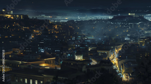 Nighttime View of Athens, Greece With the Acropolis in the Distance