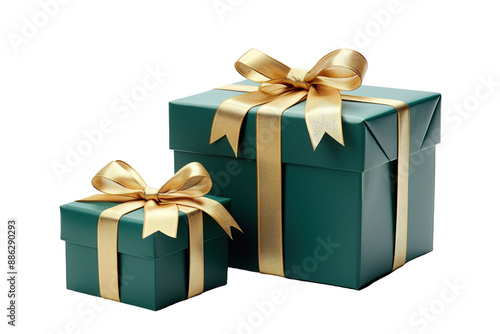 A Festive Duo of Emerald Green Gift Boxes With Golden Ribbon Bows on a White or Clear Surface PNG Transparent Background.