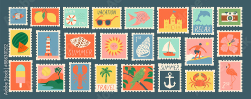 Set of vintage summer post card stamp illustration. Retro style beach vacation postage sticker collection, summertime season mail postmark, tourism postal label.