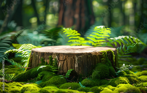 Wooden stump cut saw in the forest with green moss and ferns. 