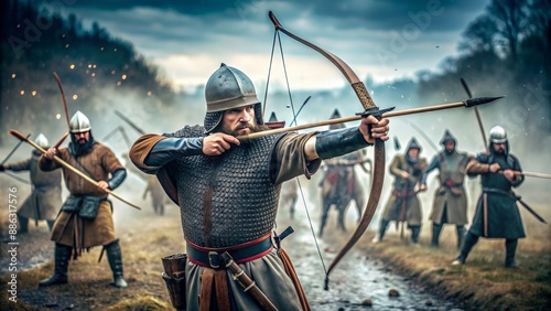 Medieval archer bravely defends against charging knights with a volley of arrows on muddy battlefield, medieval