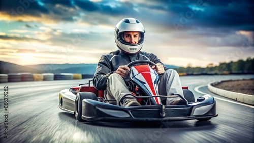 Man racing on karting track at full speed wearing helmet and driver suit, karting, race, speed, adrenaline, competition, sport