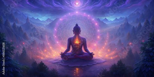 An ethereal scene depicting a person meditating on a mountain, surrounded by an aura of light and energy. The backdrop is a mystical night sky with stars and celestial elements