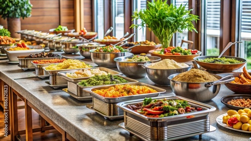 A variety of international dishes laid out on a buffet table at a hotel meeting room , hotel, buffet, international, cuisine