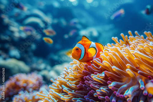 Clown fish swimming on anemone underwater coral reef, anemones on tropical coral reefs.