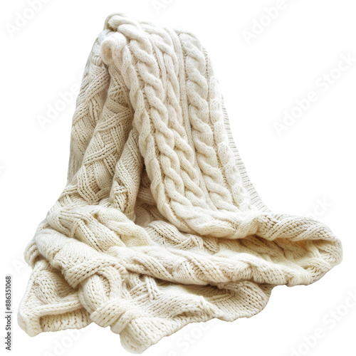 Cozy knitted blanket in soft white color, perfect for adding warmth and texture to any living space. Idea for home decor and comfort.