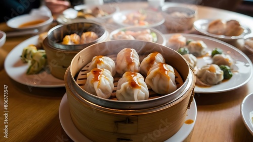 Shumai shrimp with sauce, Steamed shrimp dumplings dim or dim sum and vegetable on wooden table,