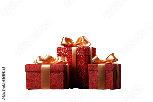 Three Red Gift Boxes With Gold Ribbon Bows Against A White Background on a White or Clear Surface PNG Transparent Background