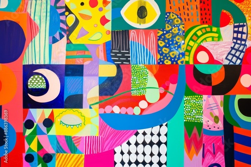 An abstract painting featuring bright colors and various shapes creating a dynamic visual impact, Display a variety of colorful shapes and patterns overlapping each other