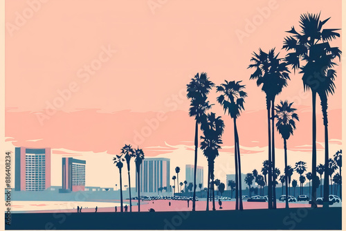 Risograph riso print travel poster, card, wallpaper or banner illustration, modern, isolated, clear, simple of Long Beach, California, USA. Artistic, screen printing, retro, vintage