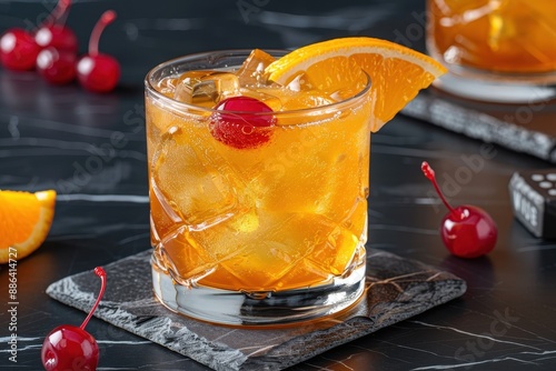 A whiskey sour cocktail in an old-fashioned glass, garnished with a slice of orange and a maraschino cherry