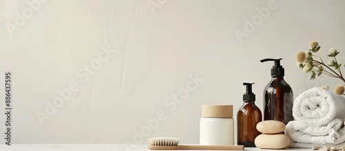 Various self care items for hygiene displayed with cosmetic bottles against a neutral background for adding text like a natural soap and circular massaging brush within the copy space image