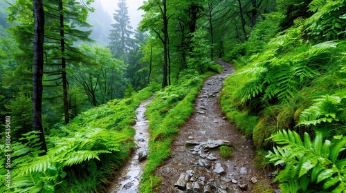 Two forest paths diverge amid lush ferns and vibrant green foliage, with the ground still damp from a recent rain, depicting choice, exploration, and nature's allure.