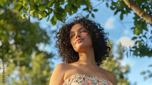 Portrait of a Joyful Young Woman in a Floral Sundress Enjoying Nature in a Vibrant Park Setting