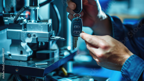 Hands of a technician operating precision machinery to create a car key with advanced automotive tools. Locksmith services, automotive security, precision engineering, car key reprogramming.