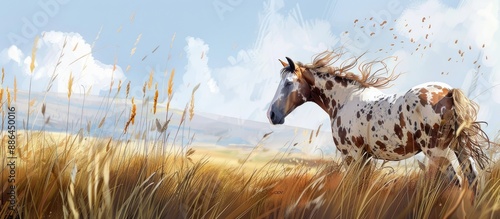 A stunning brown spotted stallion in a colorful landscape with long reeds on a breezy day perfect as a copy space image