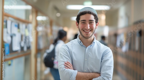 Happy Jewish Male Student Standing in University Hallway, Academic Environment, Diversity in Education