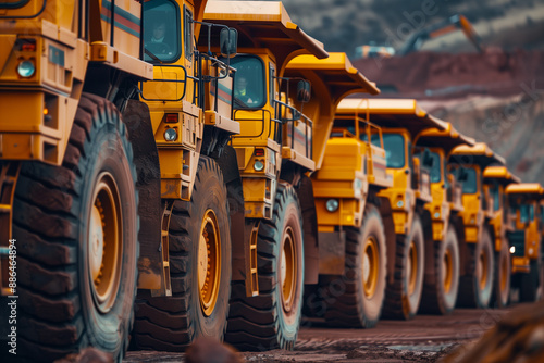 Imposing Fleet of Heavy-Duty Mining Dump Trucks Lined Up and Ready to be Loaded with Extracted Iron Ore at a Bustling Quarry Site