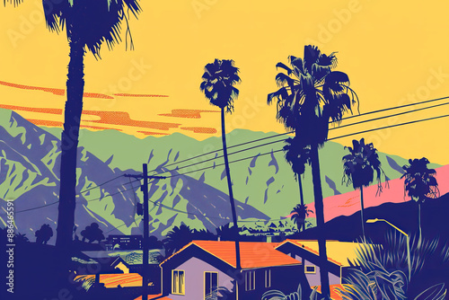 Risograph riso print travel poster, card, wallpaper or banner illustration, modern, isolated, clear, simple of San Bernardino, California, USA. Artistic, screen printing, stencil