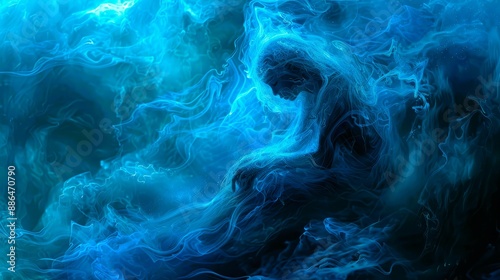 A shadowy figure sits amidst swirling blue smoke, creating an ethereal and mysterious image.