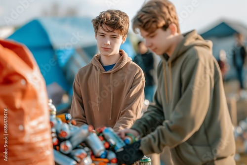 Teenagers Volunteering at Recycling Event with Bins of Cans Outdoors