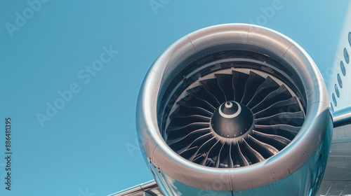 A close-up of an airplane engine with a clear blue sky in the background, highlighting the power and technology of aviation