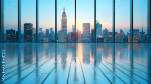 A panoramic view of a bustling city skyline seen through the floor-to-ceiling windows of a high-rise office, showcasing corporate prominence and success.