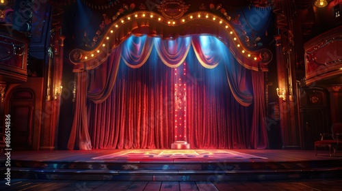 Empty vintage circus stage illuminated by spotlights, with red velvet curtains and a golden frame, creating an anticipation atmosphere