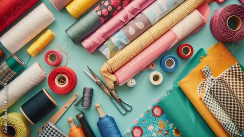 Colorful Fabrics and Sewing Supplies on Turquoise Background.