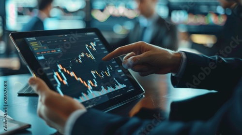 A financial analyst pointing to a candlestick chart on a tablet during a meeting.