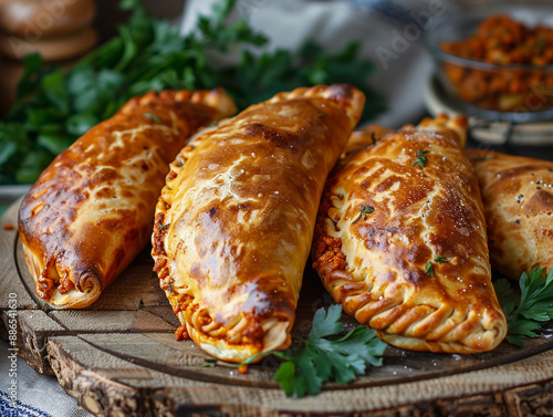 Golden Brown Empanadas With Red Sauce Filling on a Wooden Board