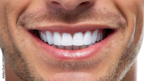 Perfect white teeth man close up. Male toothy veneer smile. Dental care and stomatology